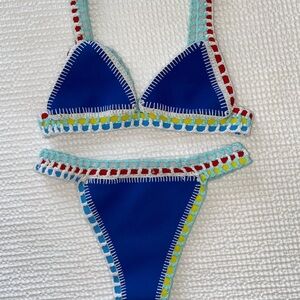 Girls Blue Crochet-Trim Bikini Swim Set